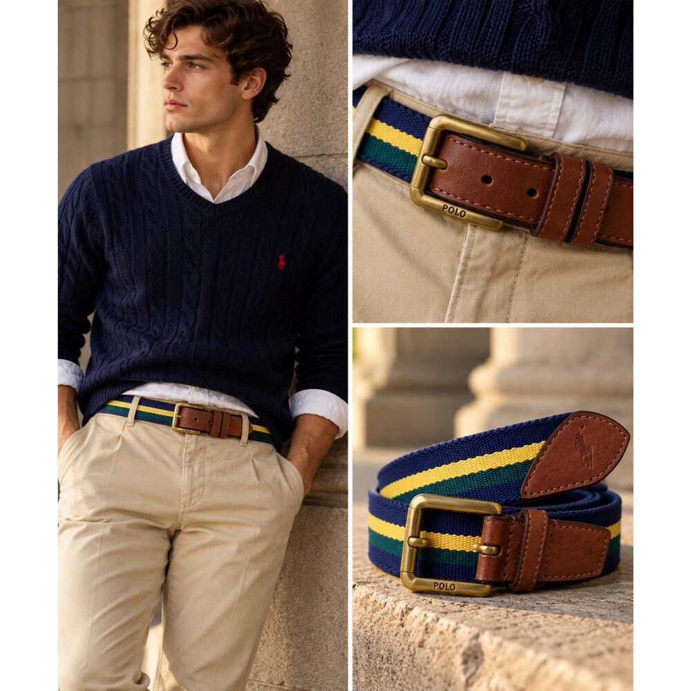 Polo Ralph Lauren Belt Mens 36 Brown Leather Canvas Stripe Navy Green Yellow